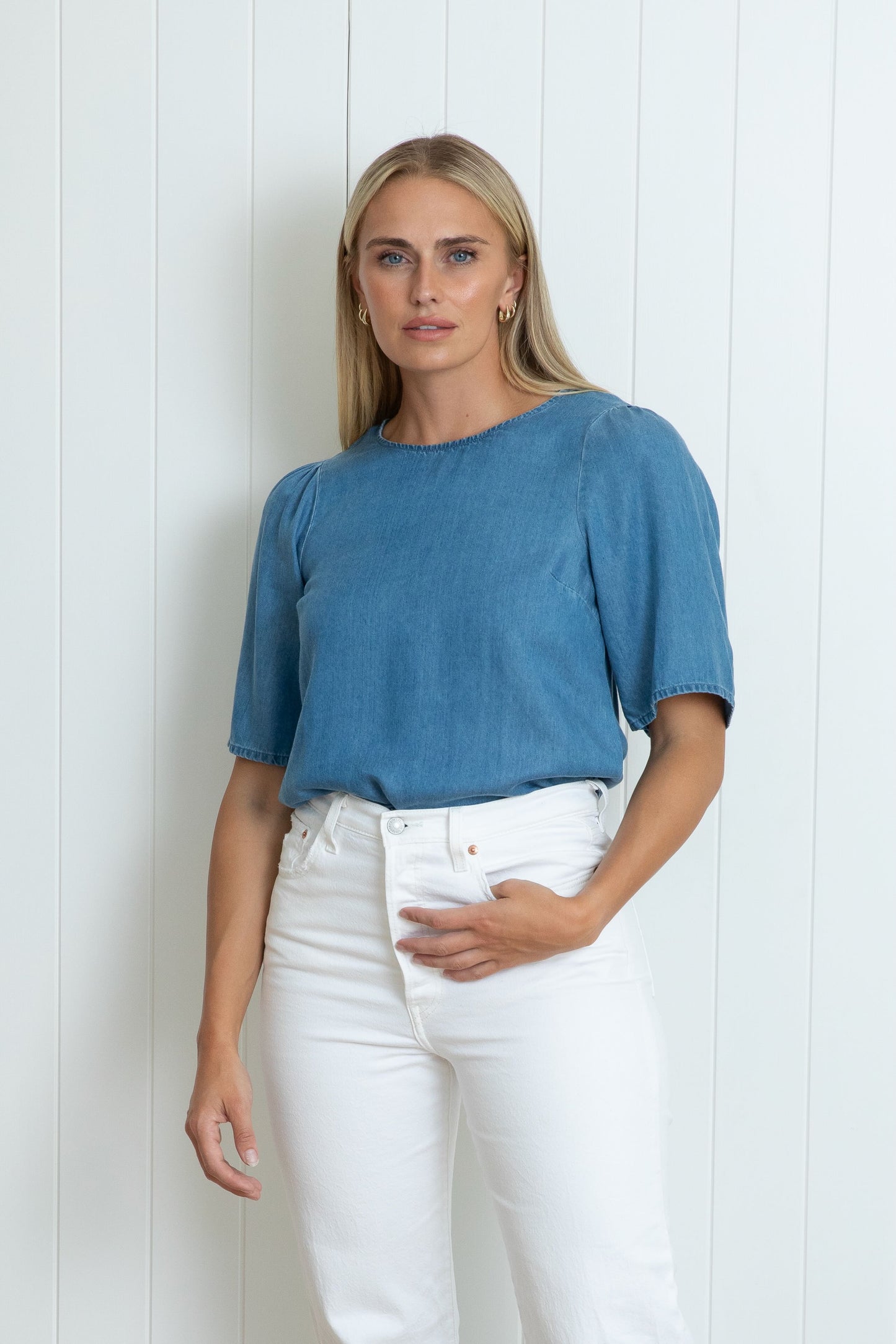 
                  
                    Chambray Fluted Sleeve Top
                  
                