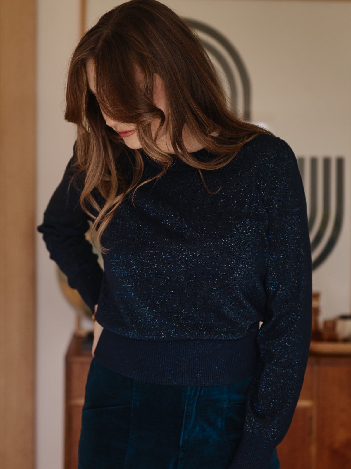 Long Sleeve Lurex Knit Jumper - Navy – Frock Me Out