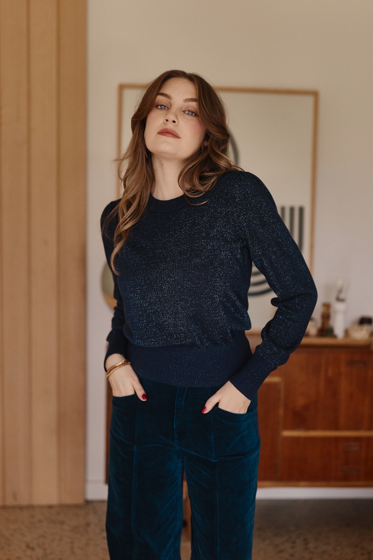 Long Sleeve Lurex Knit Jumper - Navy – Frock Me Out