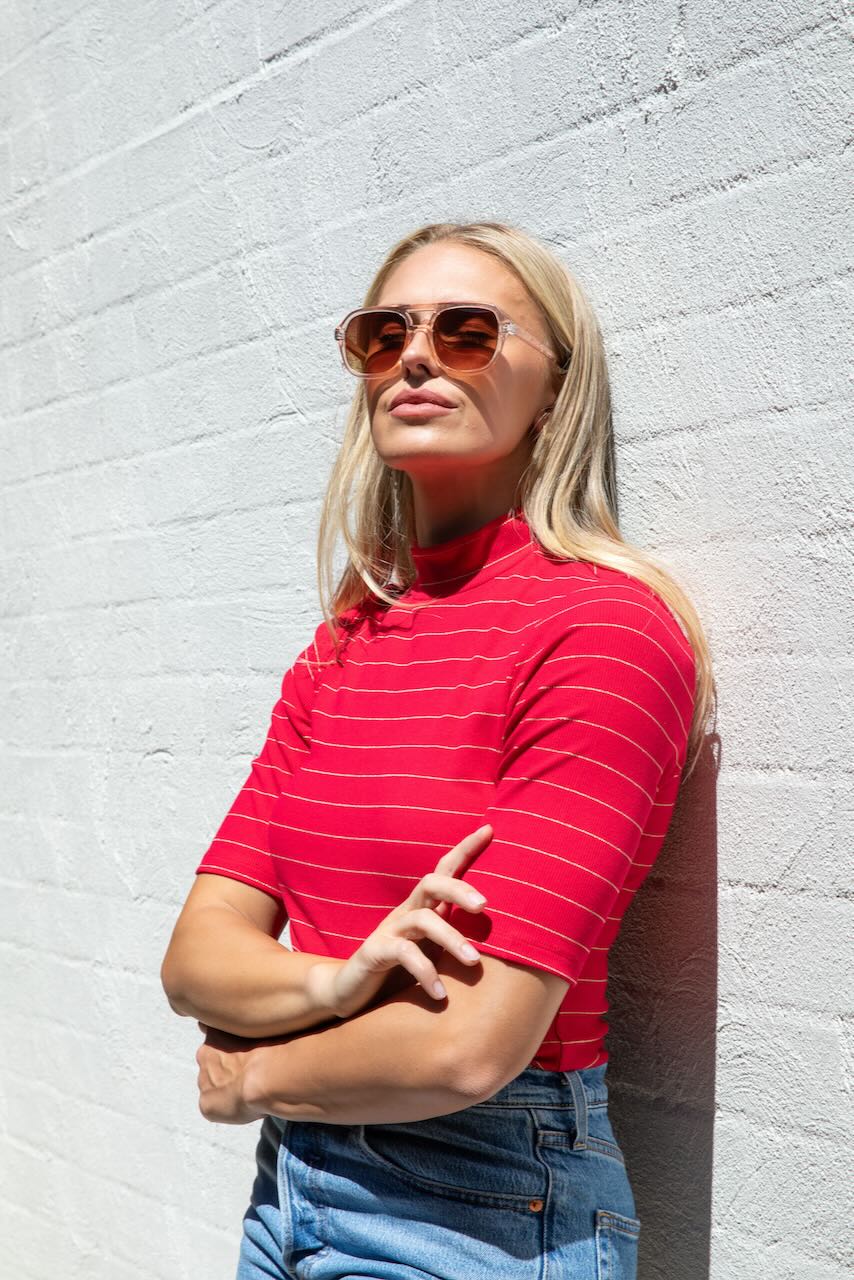 
                  
                    Red with Gold Lurex Stripe Mock Neck Top
                  
                