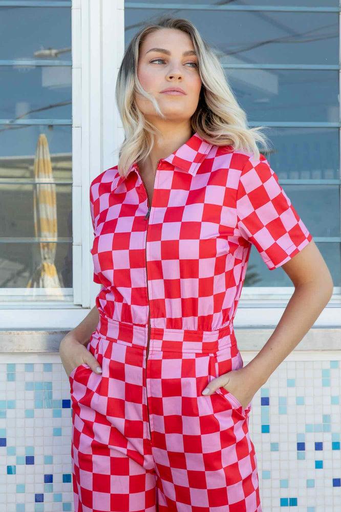 Pink hot sale checkered jumpsuit