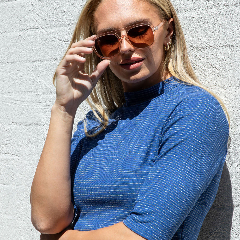 Blue with Gold Stripe Mock Neck Top