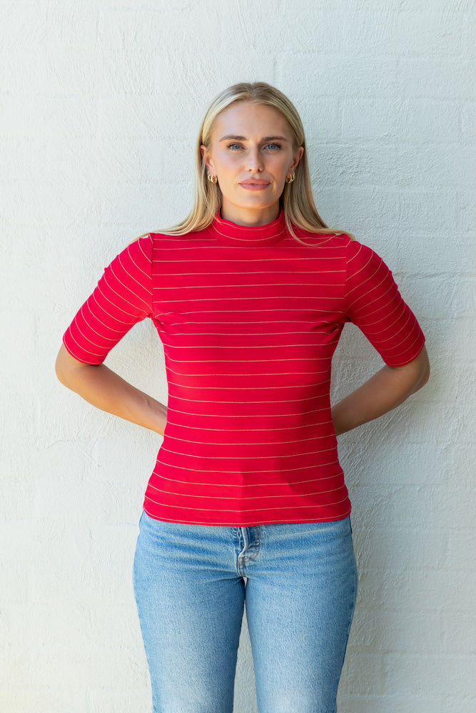 
                  
                    Red with Gold Lurex Stripe Mock Neck Top
                  
                