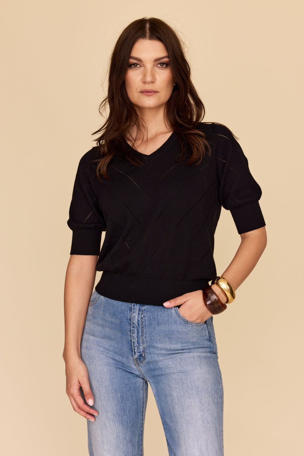 Black Cotton Cashmere Elbow Sleeve V Neck Knit Jumper