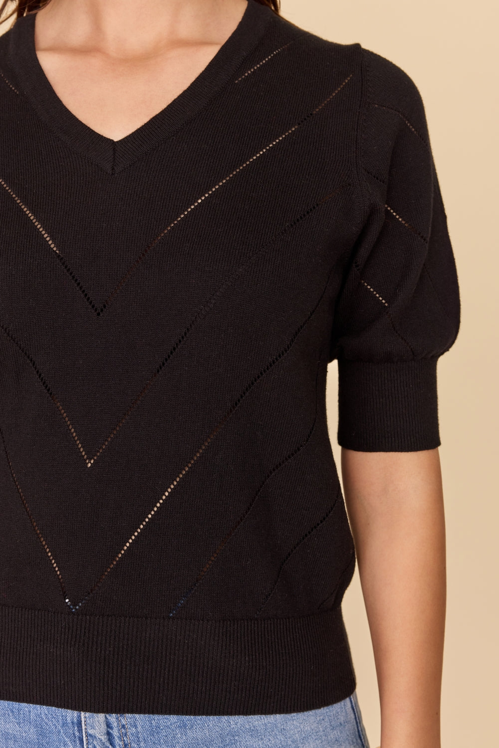 BLACK CHEVRON V Neck Cotton Cashmere Jumper