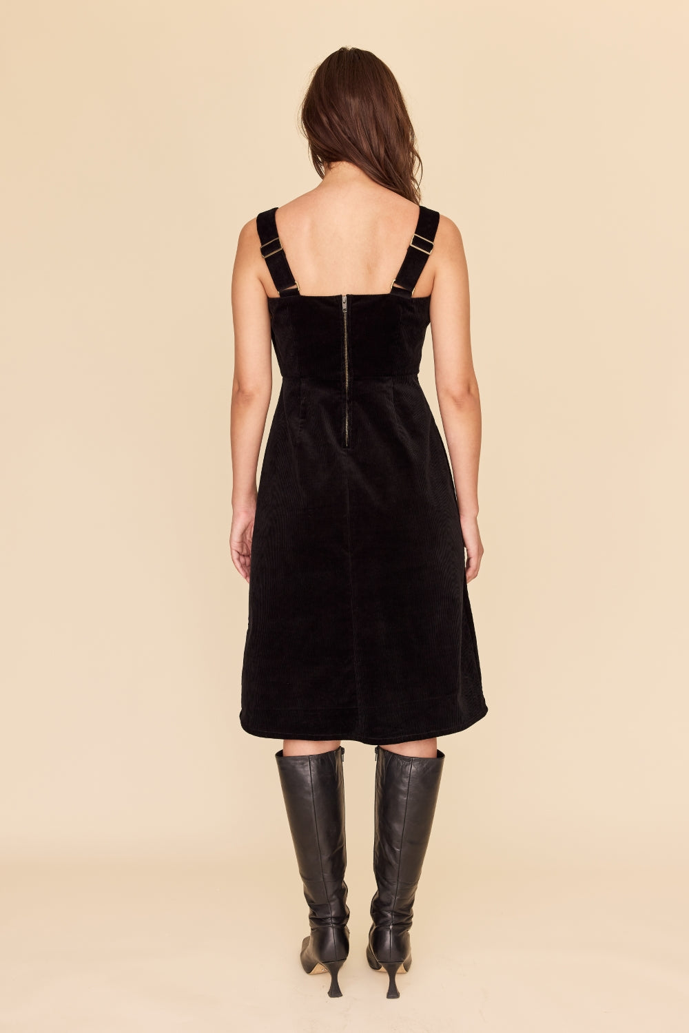 knee length denim pinafore dress Gina Denim Pinafore Flared Dress