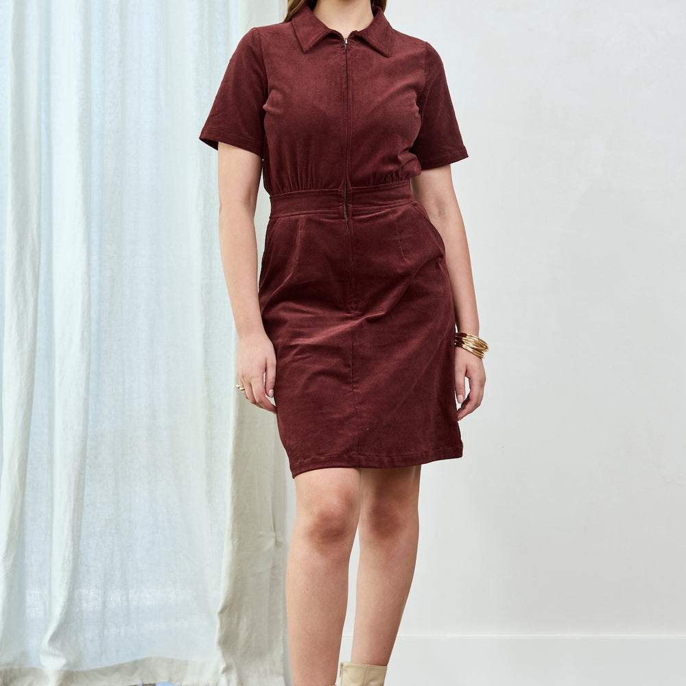
                      
                        WHOLESALE - BURGUNDY Cord Zip It Good Dress
                      
                    