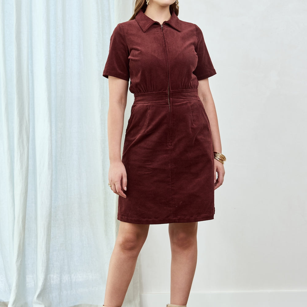 
                      
                        WHOLESALE - BURGUNDY Cord Zip It Good Dress
                      
                    