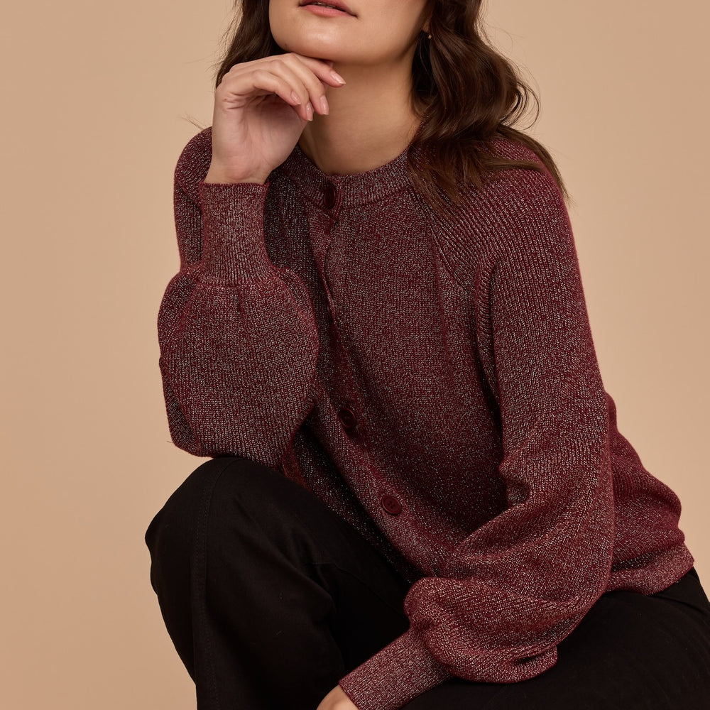 WHOLESALE - BURGUNDY Gold Lurex Knit Cardigan