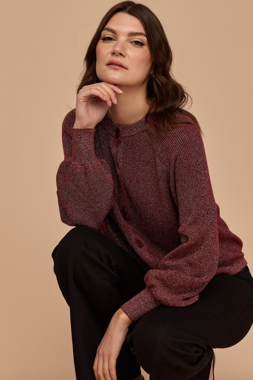 WHOLESALE - BURGUNDY Gold Lurex Knit Cardigan