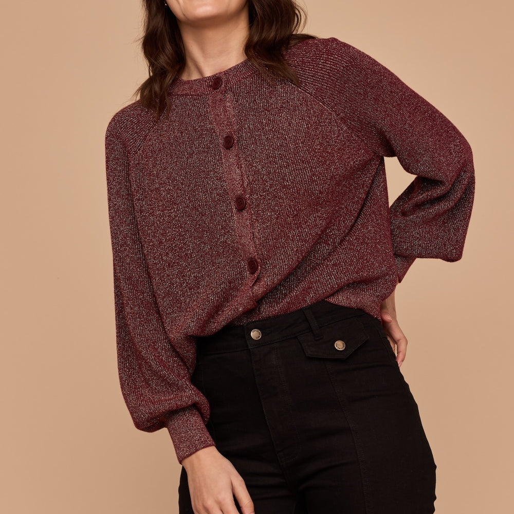 WHOLESALE - BURGUNDY Gold Lurex Knit Cardigan