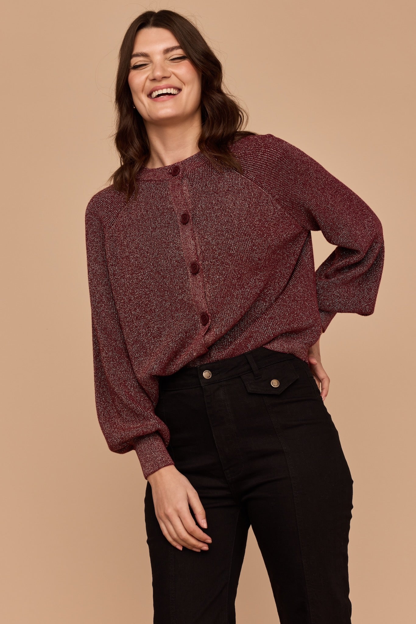 WHOLESALE - BURGUNDY Gold Lurex Knit Cardigan