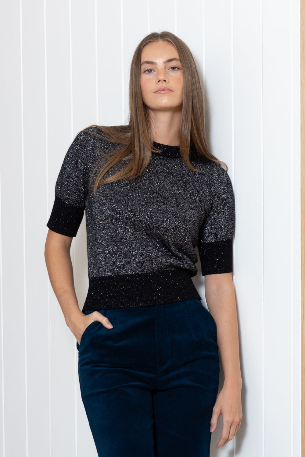 Black silver cotton lurex knit jumper sweater 