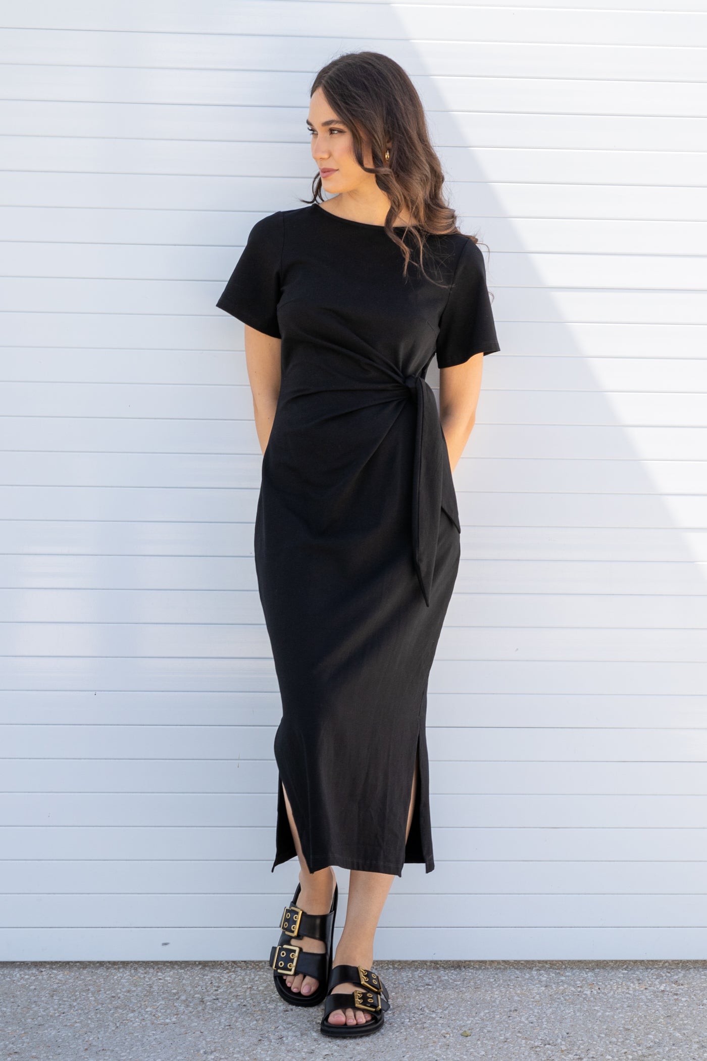 Black Stretchy Midi Length Dress with Tie Waist