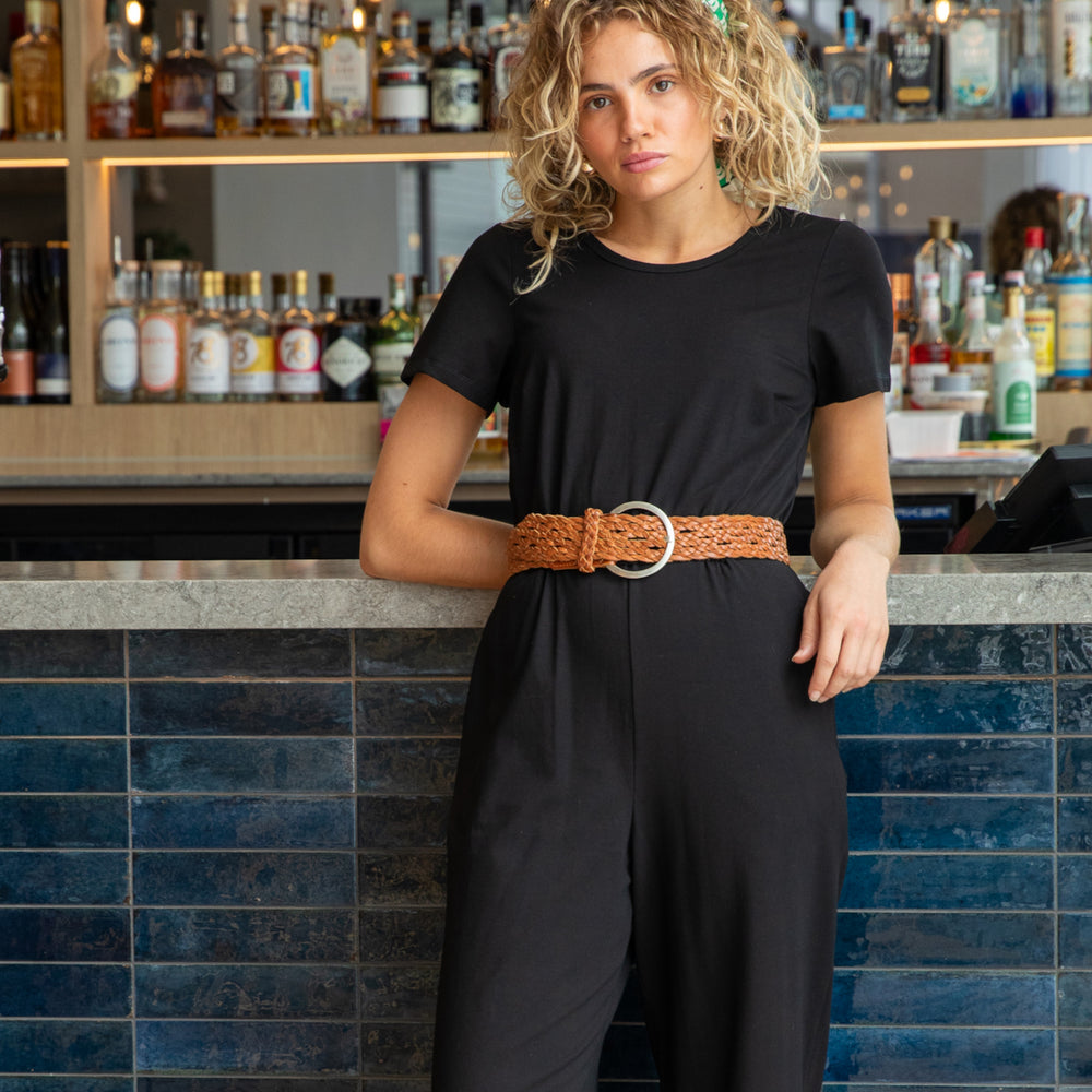 
                      
                        Black Jersey Elastic Waisted Short Sleeve Jumpsuit
                      
                    