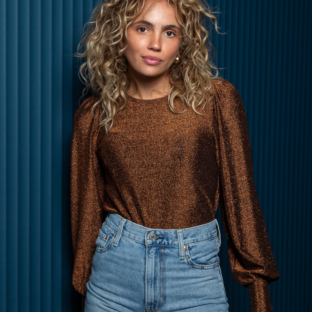 Bronze Goddess Sparkle Disco Lurex Bell Sleeve top