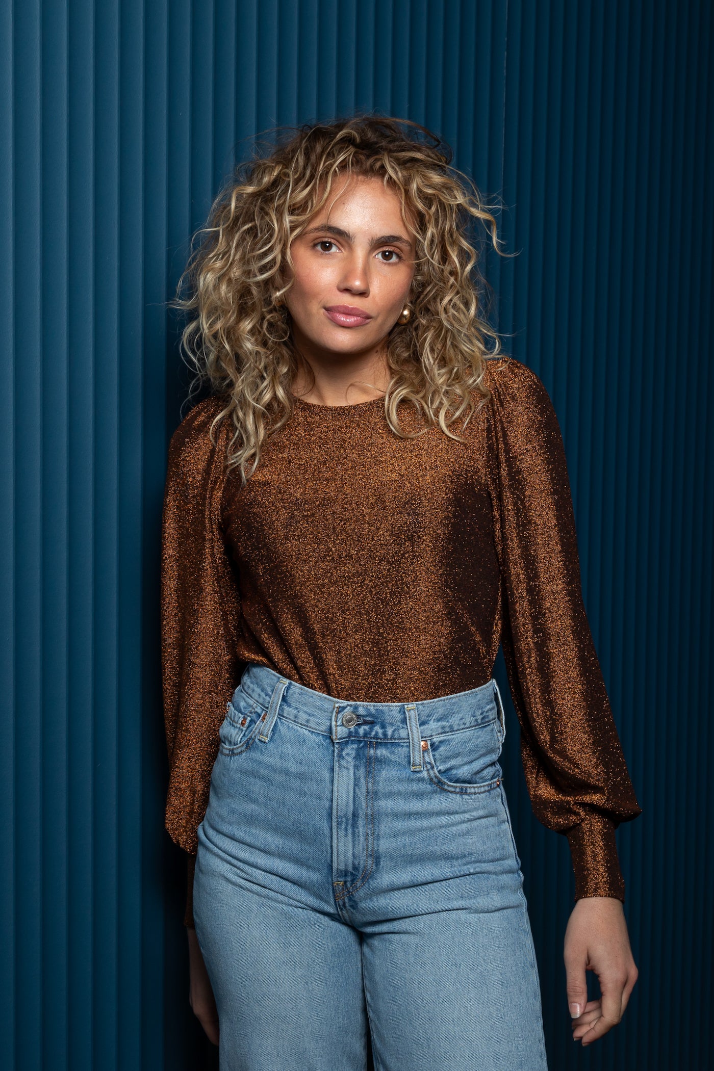 Bronze Goddess Sparkle Disco Lurex Bell Sleeve top