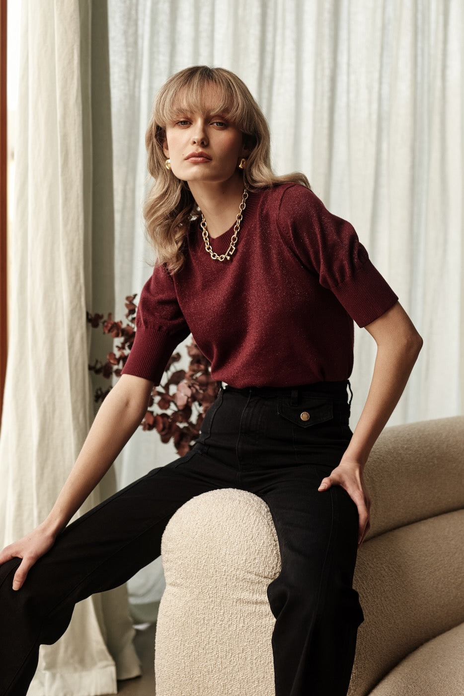 BURGUNDY Lurex Knit Jumper