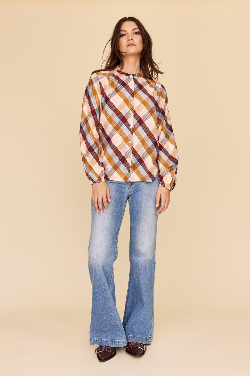 CHECKERED LOVE Bell Sleeve Shirt