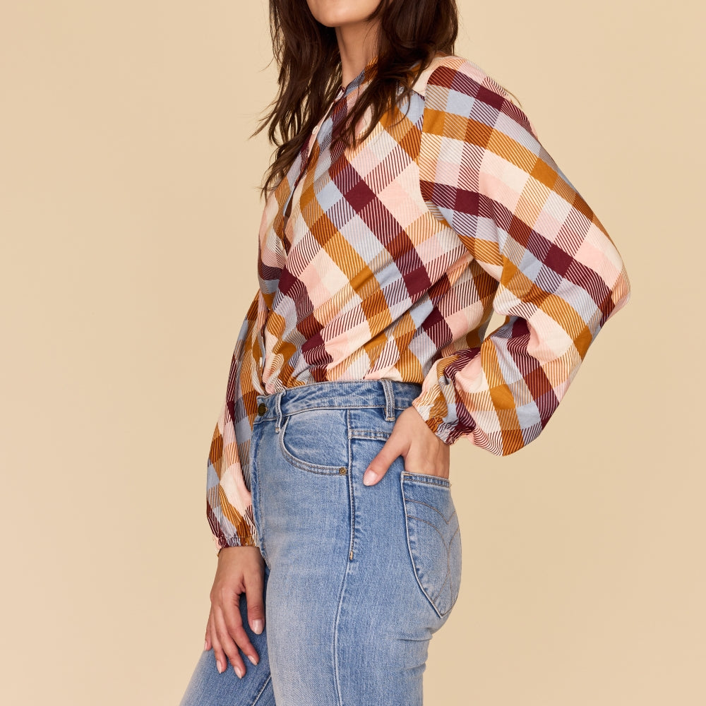 
                      
                        CHECKERED LOVE Bell Sleeve Shirt
                      
                    
