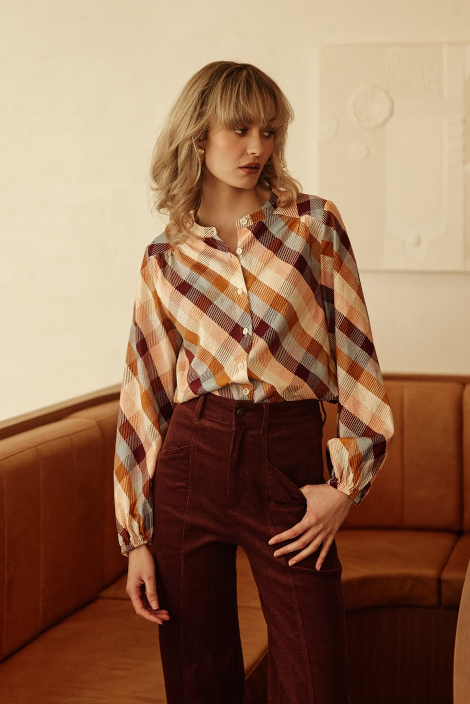 CHECKERED LOVE Bell Sleeve Shirt