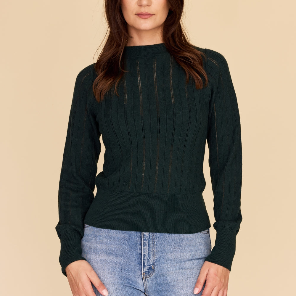 Dark Green Cotton Cashmere Pointelle Knit Jumper 