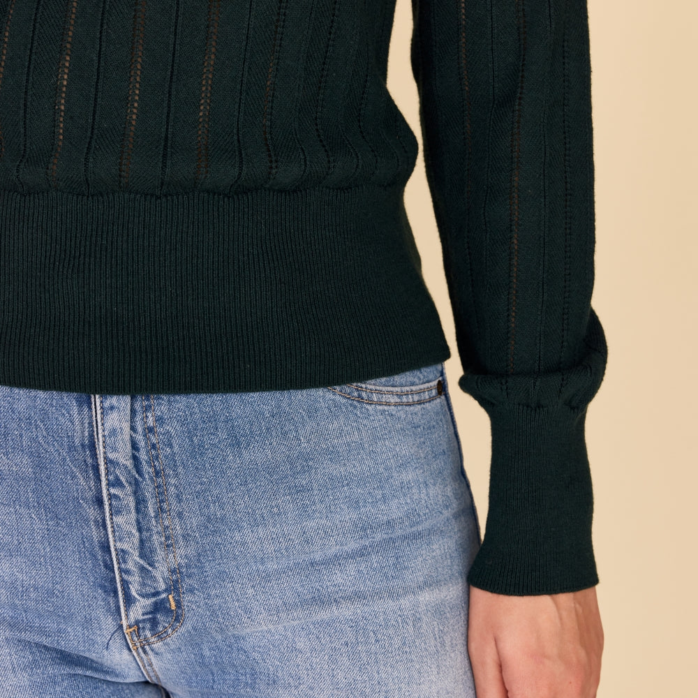 DEEP GREEN Cotton Cashmere Pointelle Knit Jumper