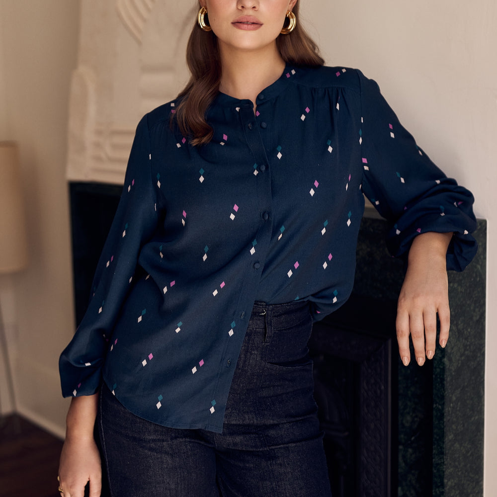 Diamond print button through shirt mandarin collar