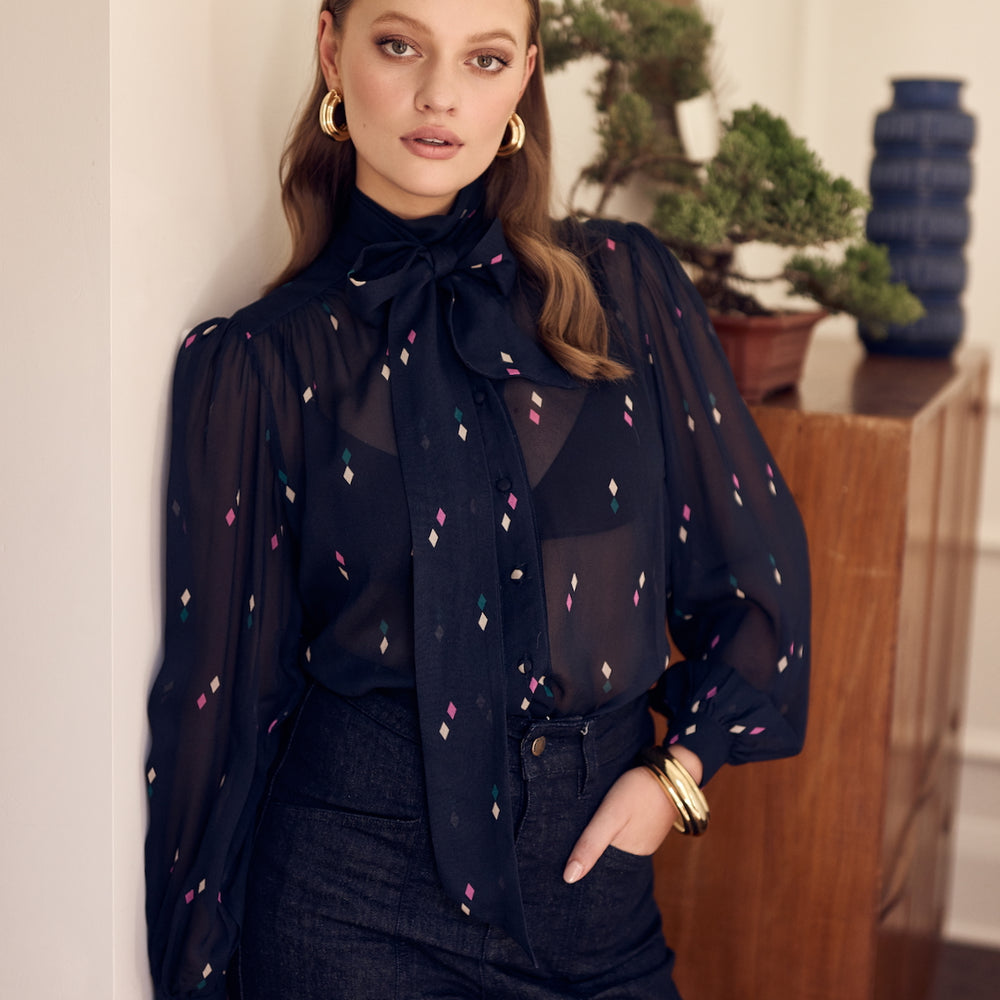 Diamond Print Semi Sheer Pussy Bow Tie Neck Blouse Shirt