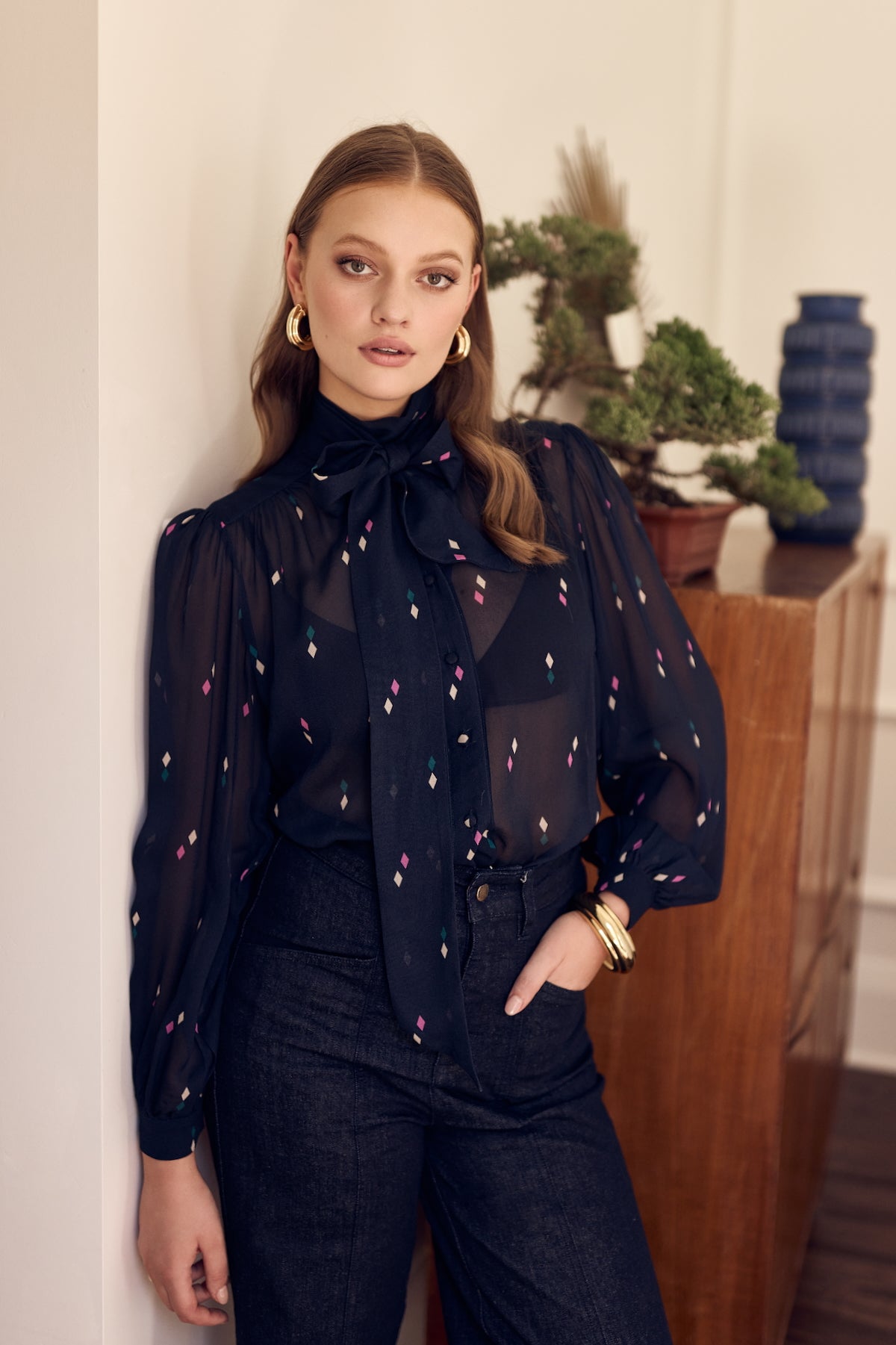 Diamond Print Semi Sheer Pussy Bow Tie Neck Blouse Shirt