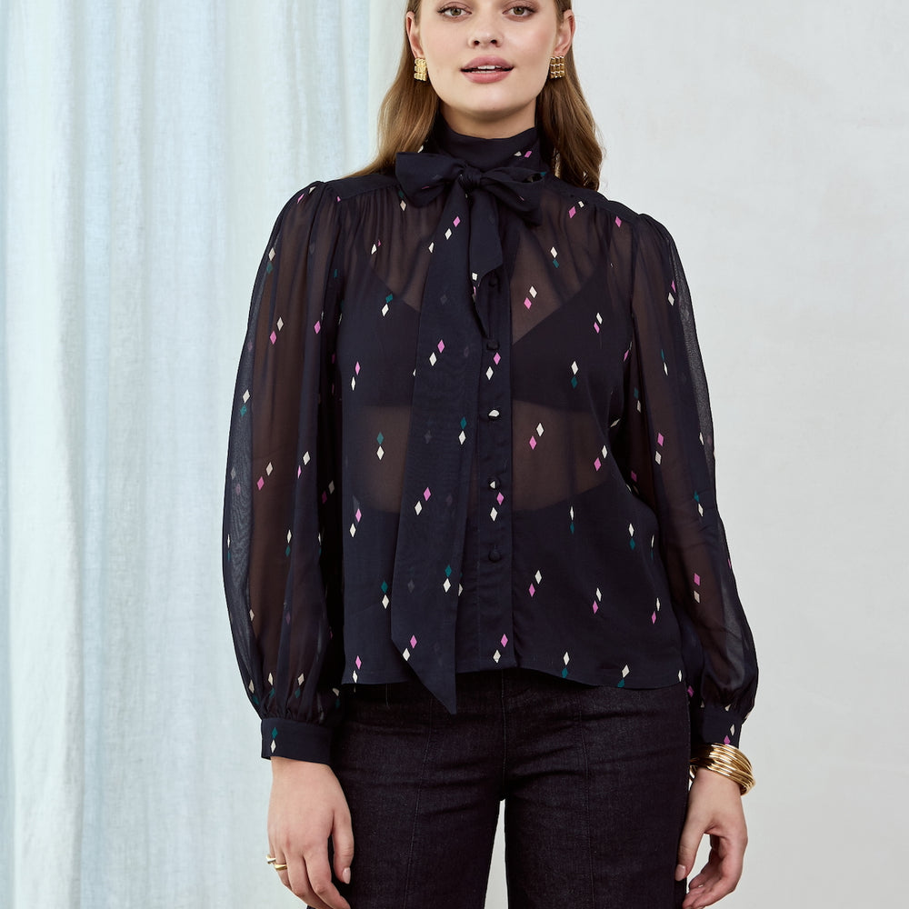 DIAMOND POLKA Tie Neck Blouse