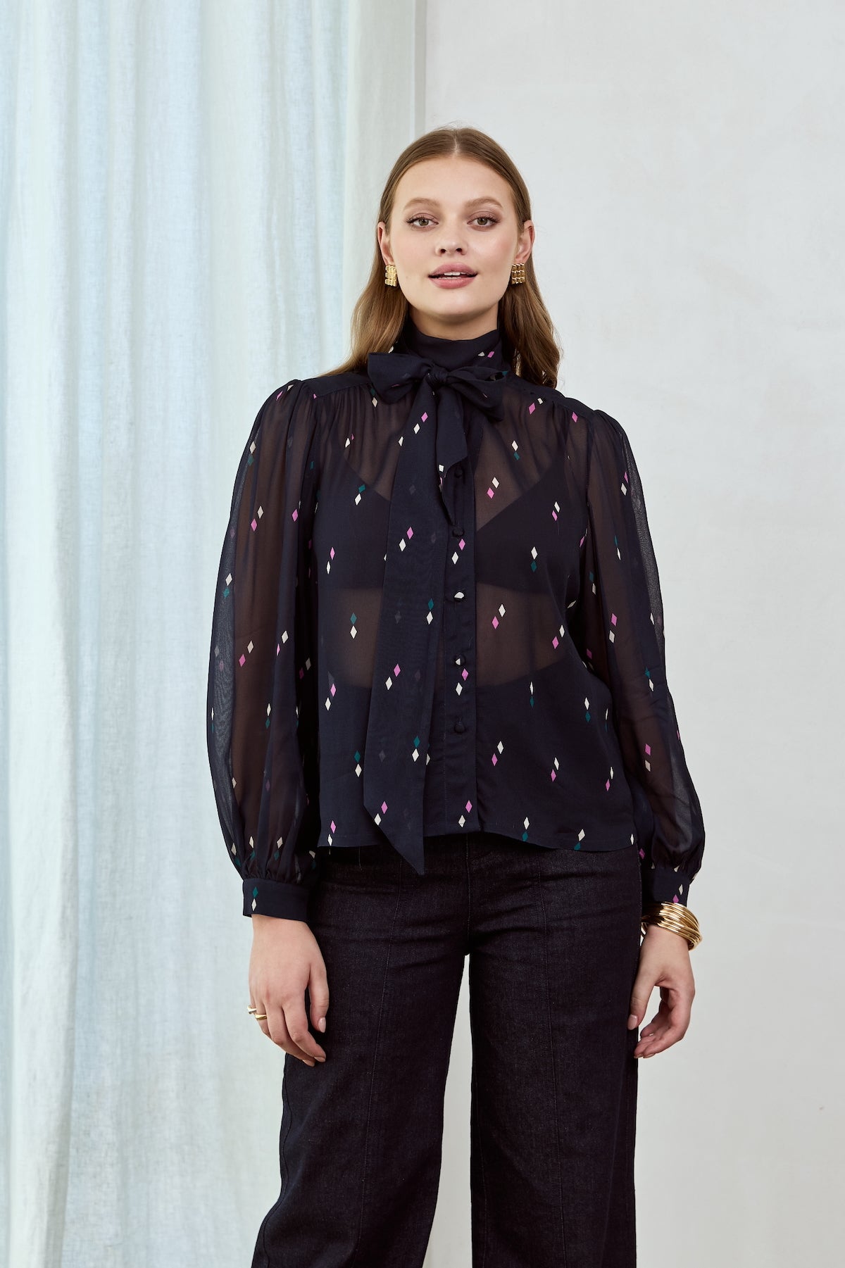 DIAMOND POLKA Tie Neck Blouse