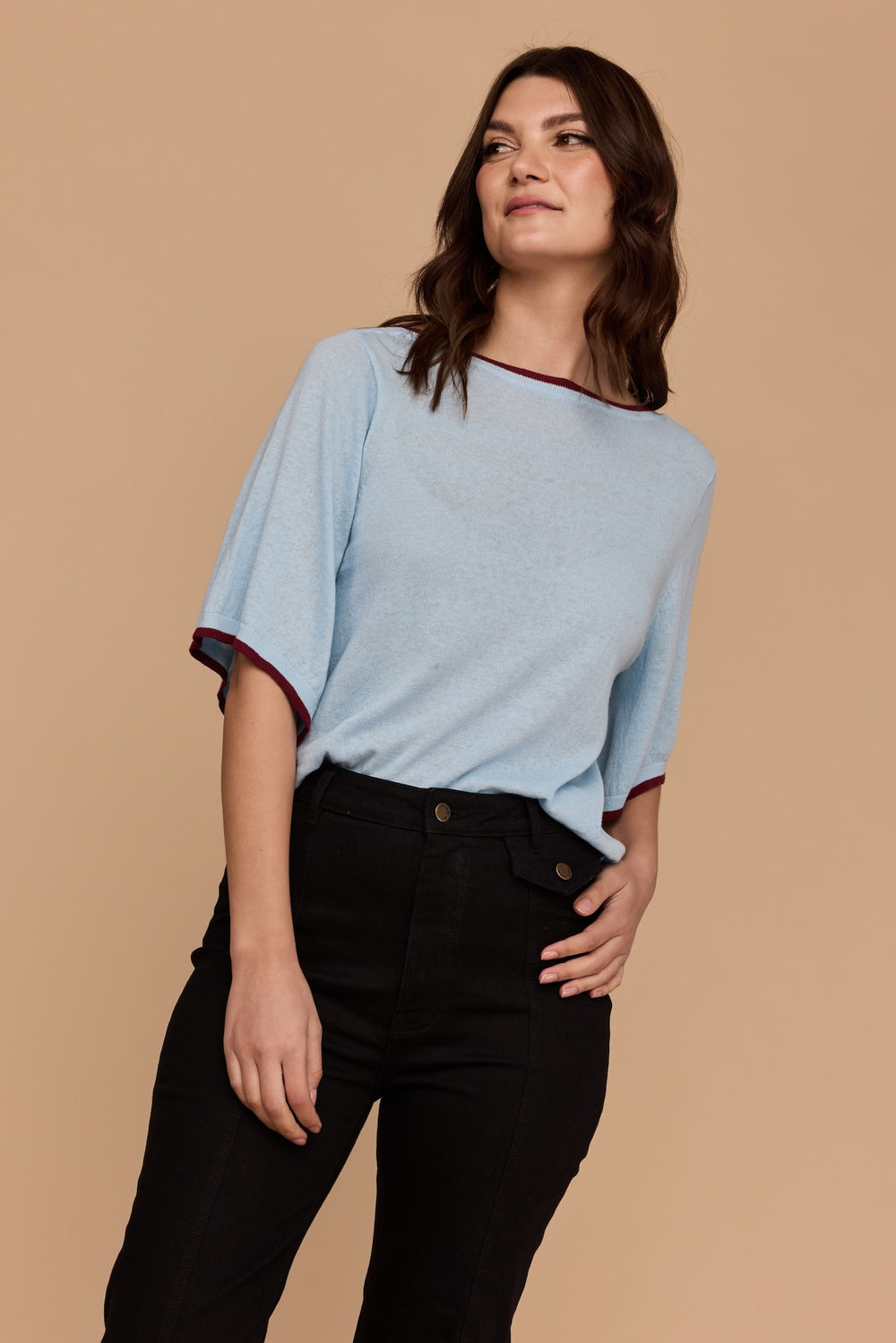 BLUE WITH BURGUNDY Kimono Sleeve Knit