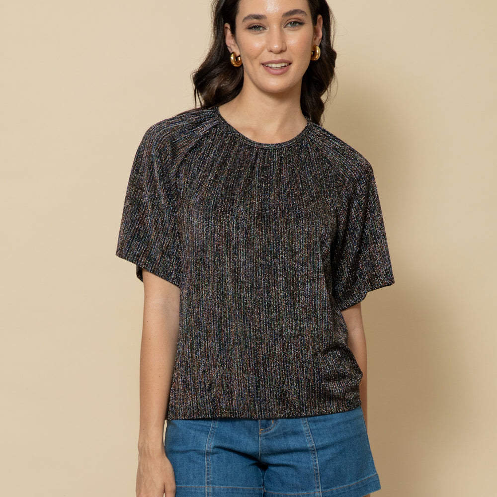 
                      
                        DISCO STRIPE Fluted Sleeve Lurex Top
                      
                    