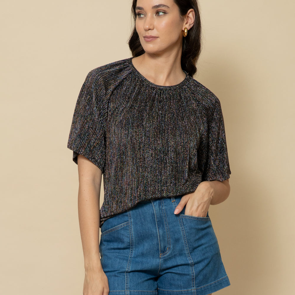 
                      
                        DISCO STRIPE Fluted Sleeve Lurex Top
                      
                    