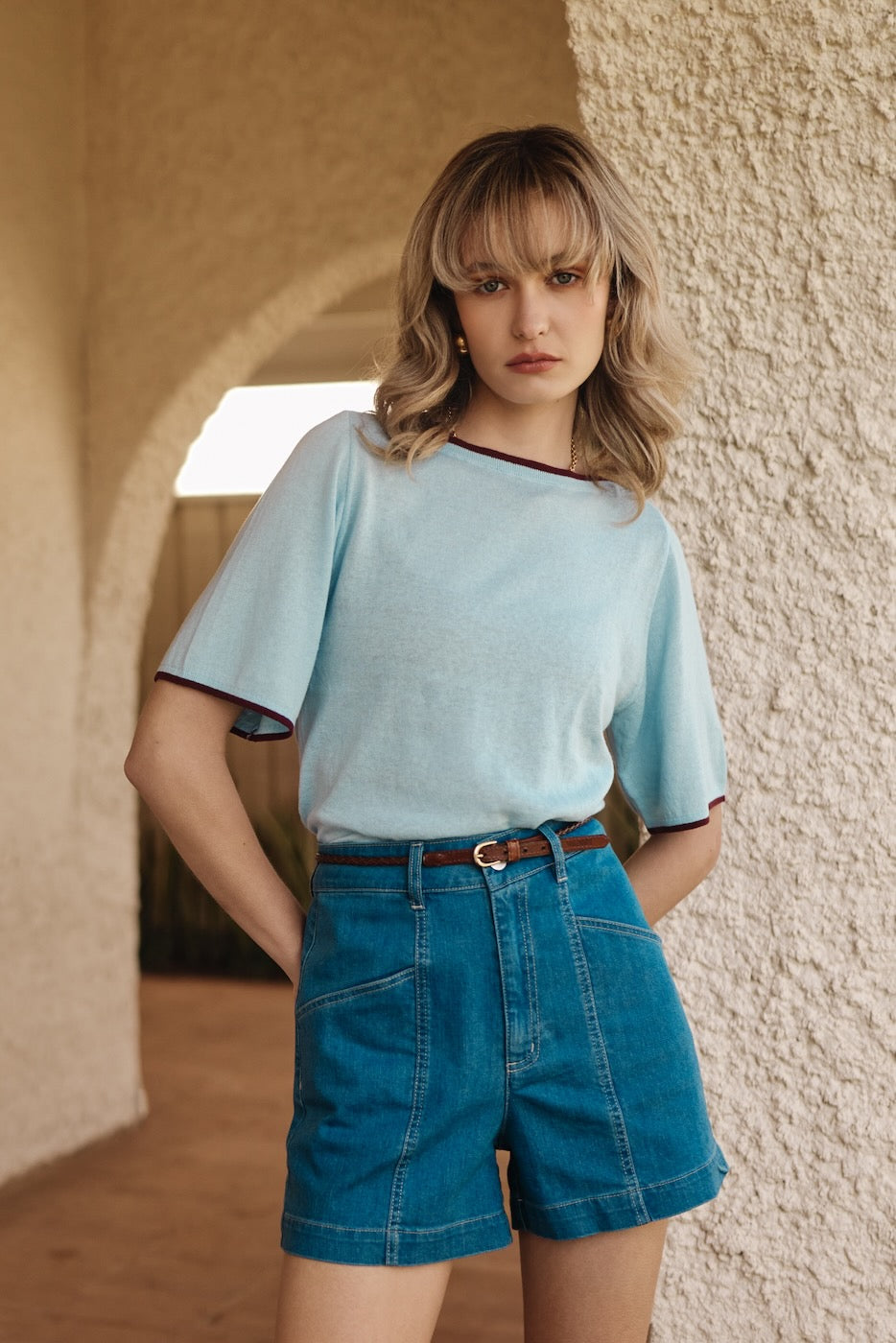 BLUE WITH BURGUNDY Kimono Sleeve Knit