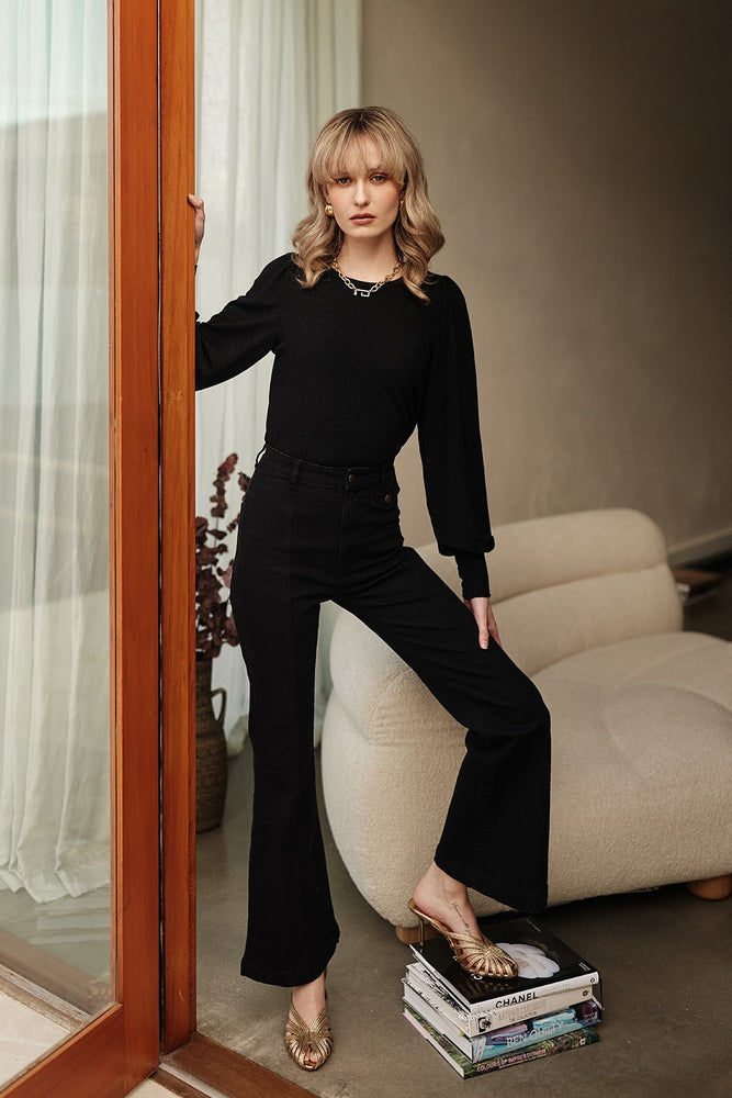 WHOLESALE - Disco Queen Black Lurex Bell Sleeve Top