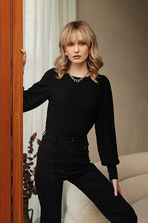 WHOLESALE - Disco Queen Black Lurex Bell Sleeve Top