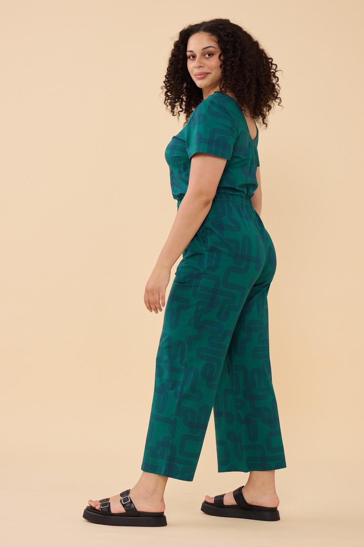 Woman wearing the Frock Me Out Labyrinth Stretch Jumpsuit