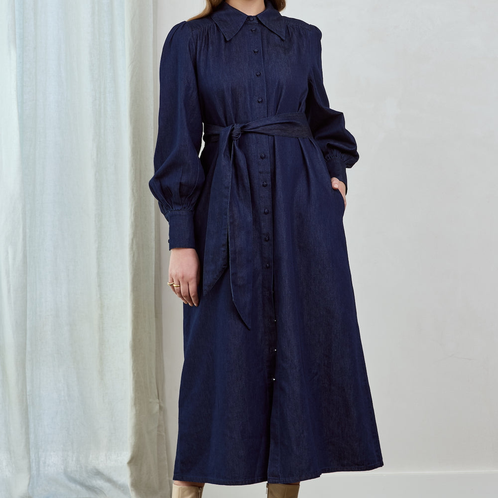 Button through long sleeve chambray midi shirt dress with belt