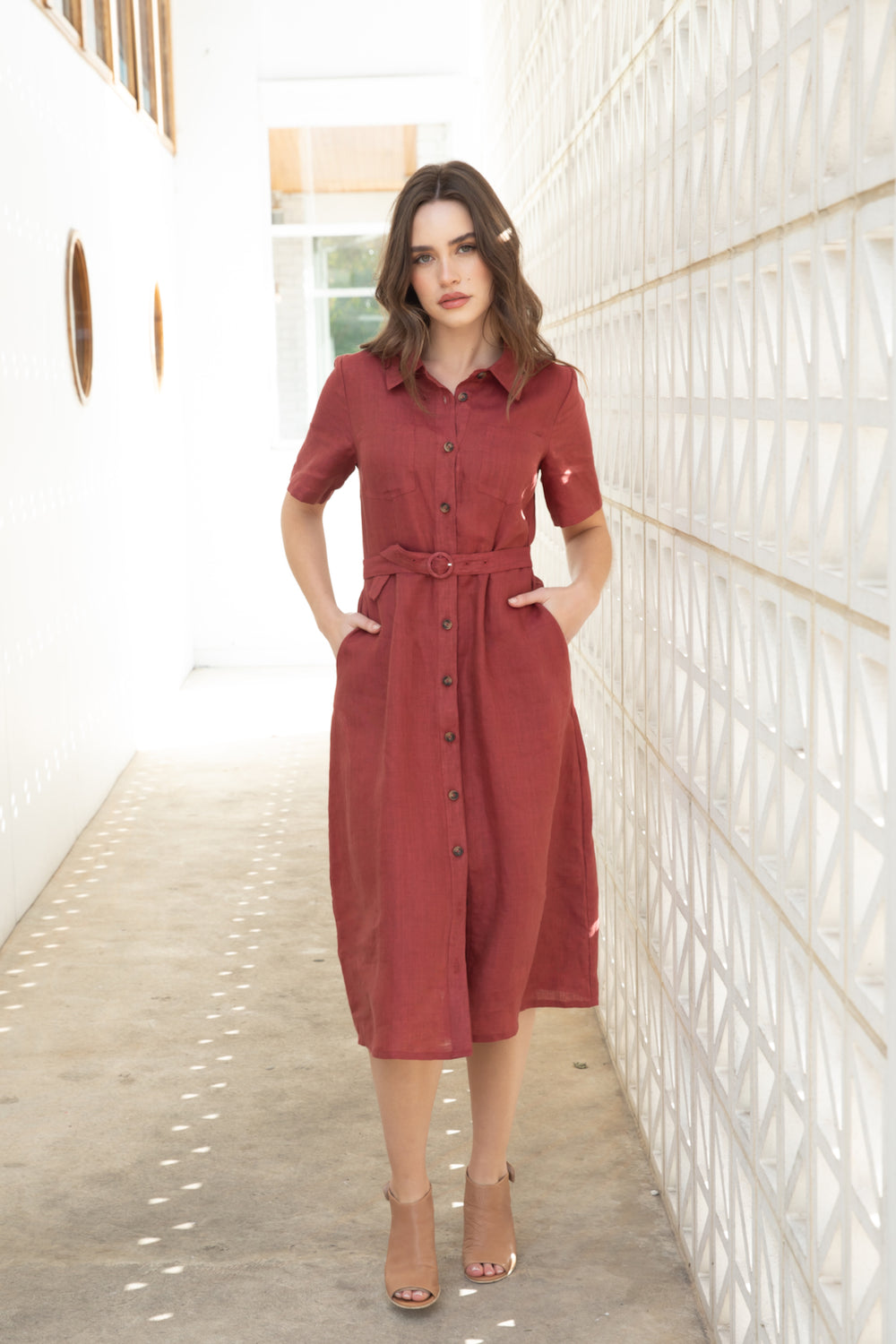 Rust Linen Button Through Shirt Dress with Belt