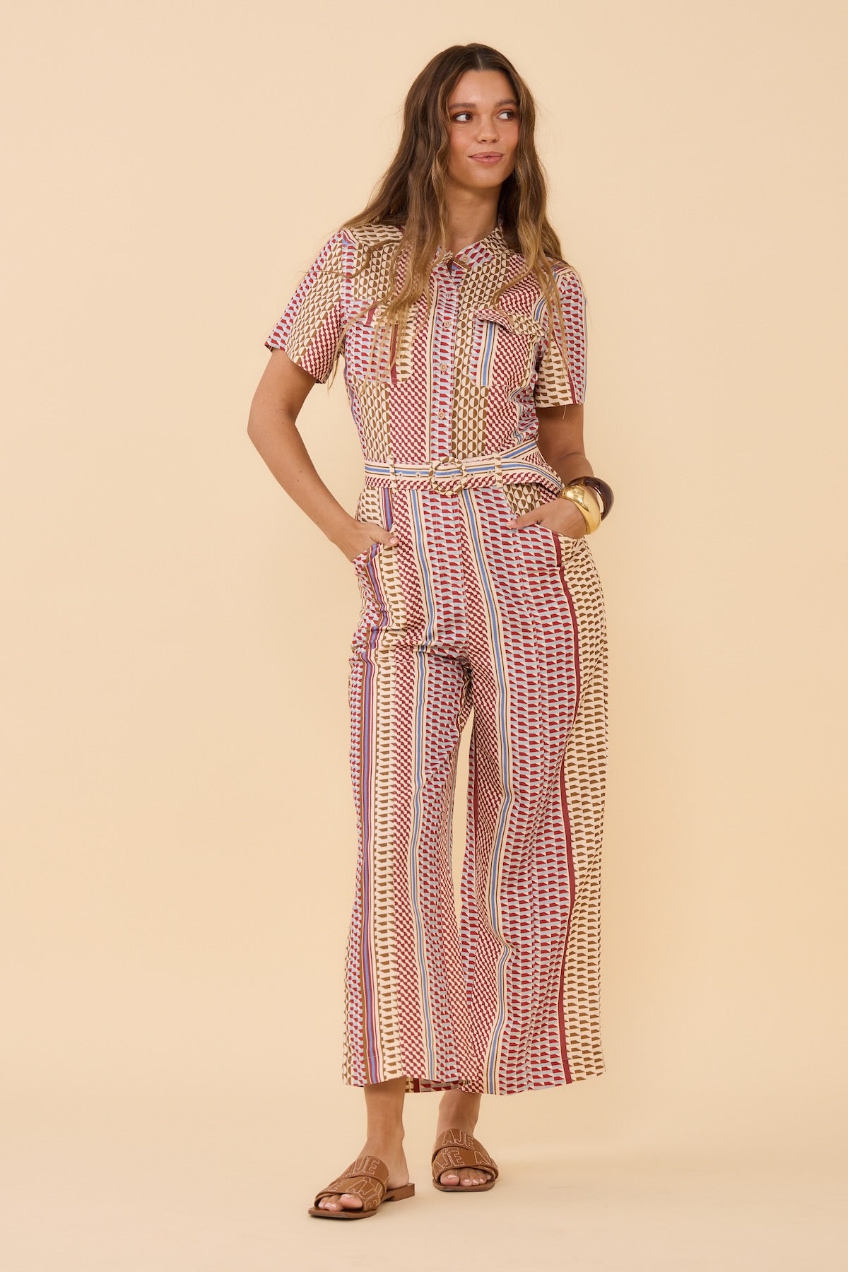 Woman wearing Frock Me Out Resort Mod Safari Jumpsuit 