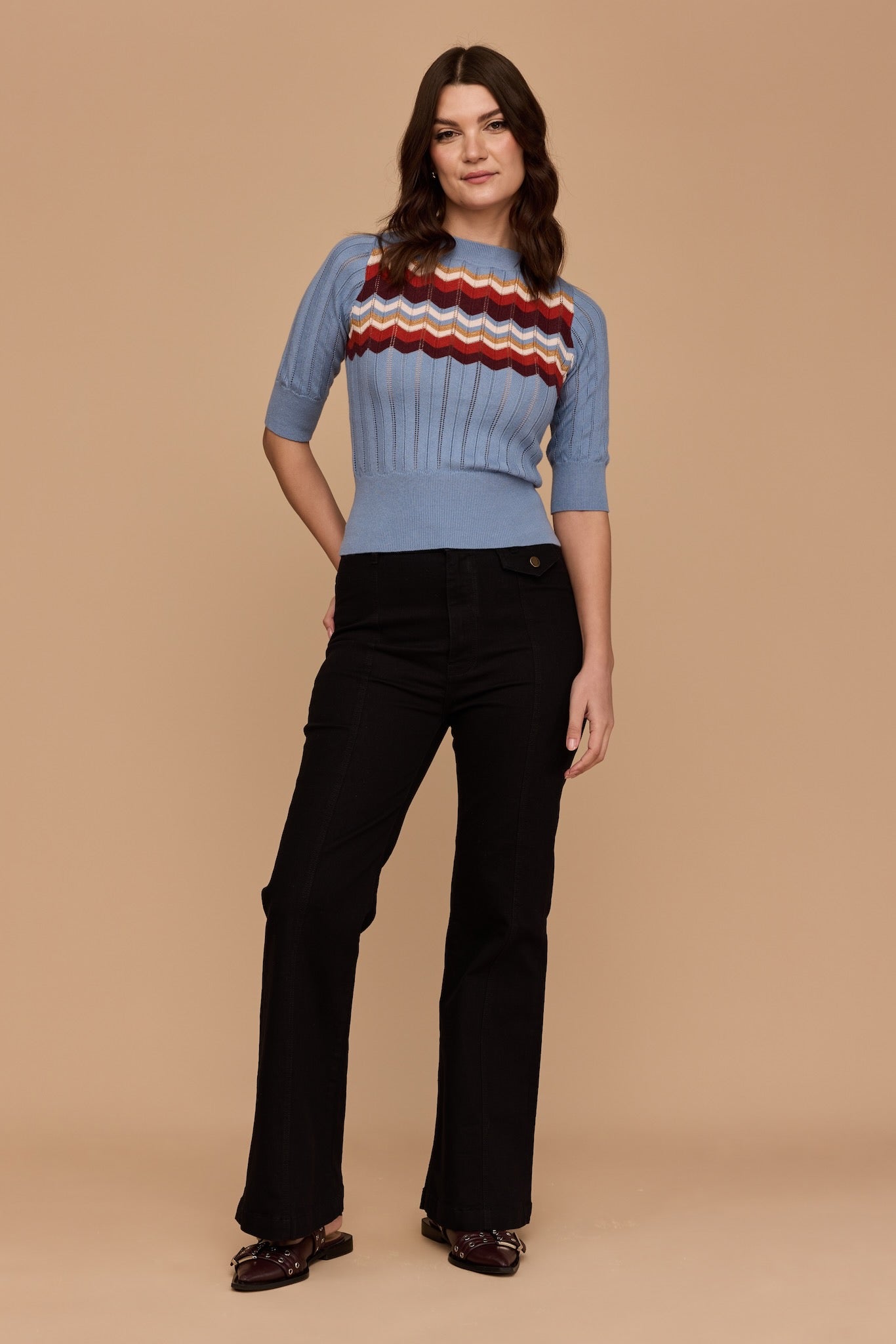 WHOLESALE - DUSTY BLUE Zig Zag Elbow Sleeve Knit