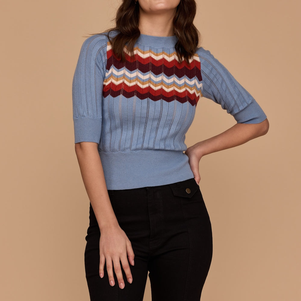 WHOLESALE - DUSTY BLUE Zig Zag Elbow Sleeve Knit