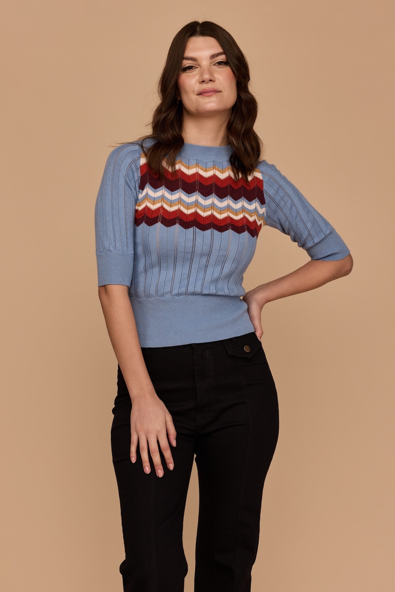 WHOLESALE - DUSTY BLUE Zig Zag Elbow Sleeve Knit