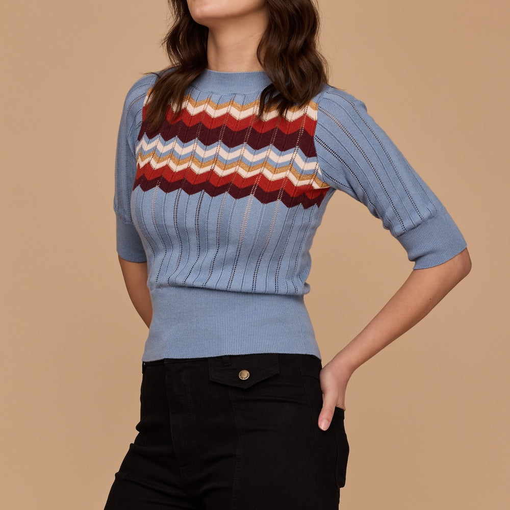 
                      
                        WHOLESALE - DUSTY BLUE Zig Zag Elbow Sleeve Knit
                      
                    