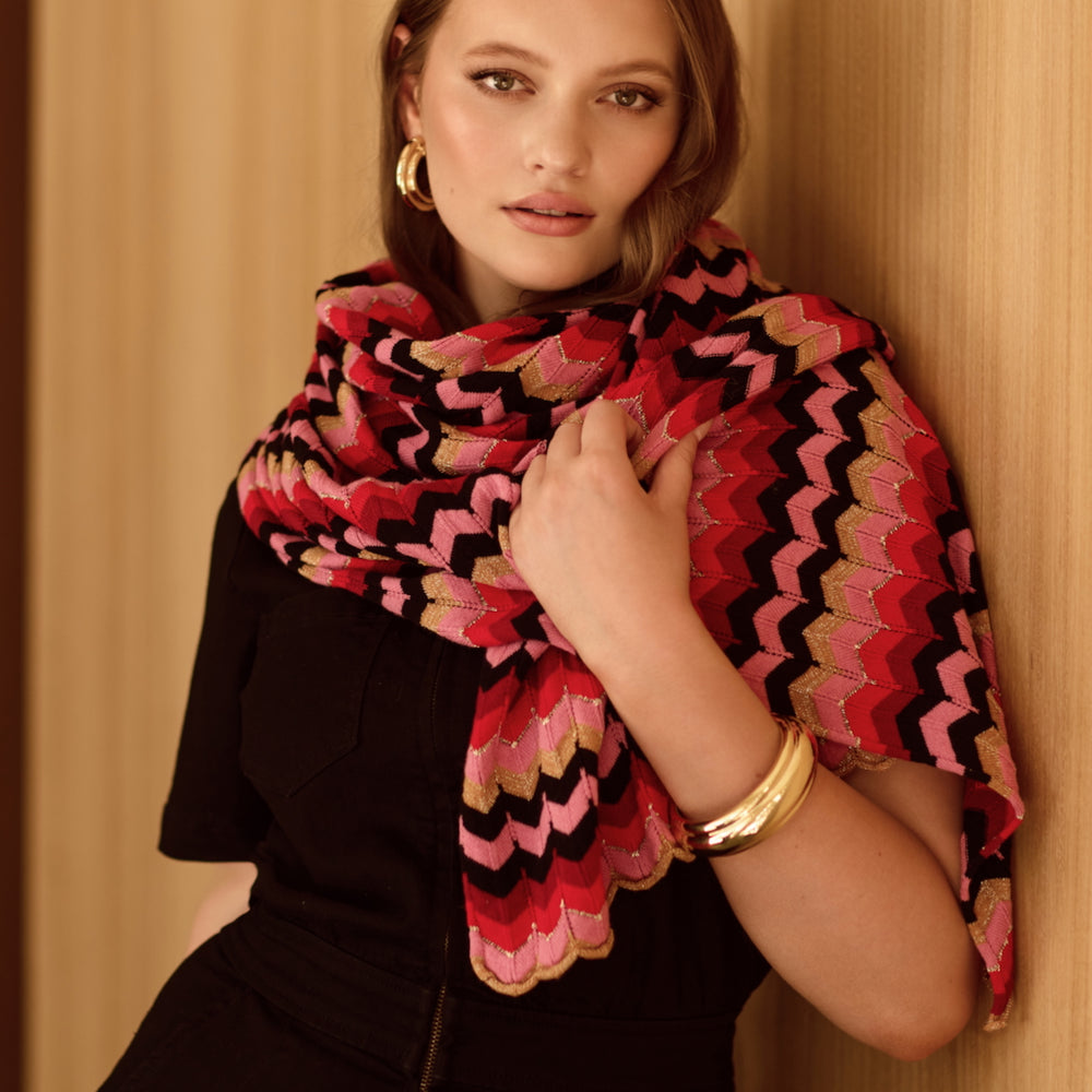 Zig Zag Cotton Cashmere Pointelle Knit Scarf Red Pink Burgundy Gold Lurex