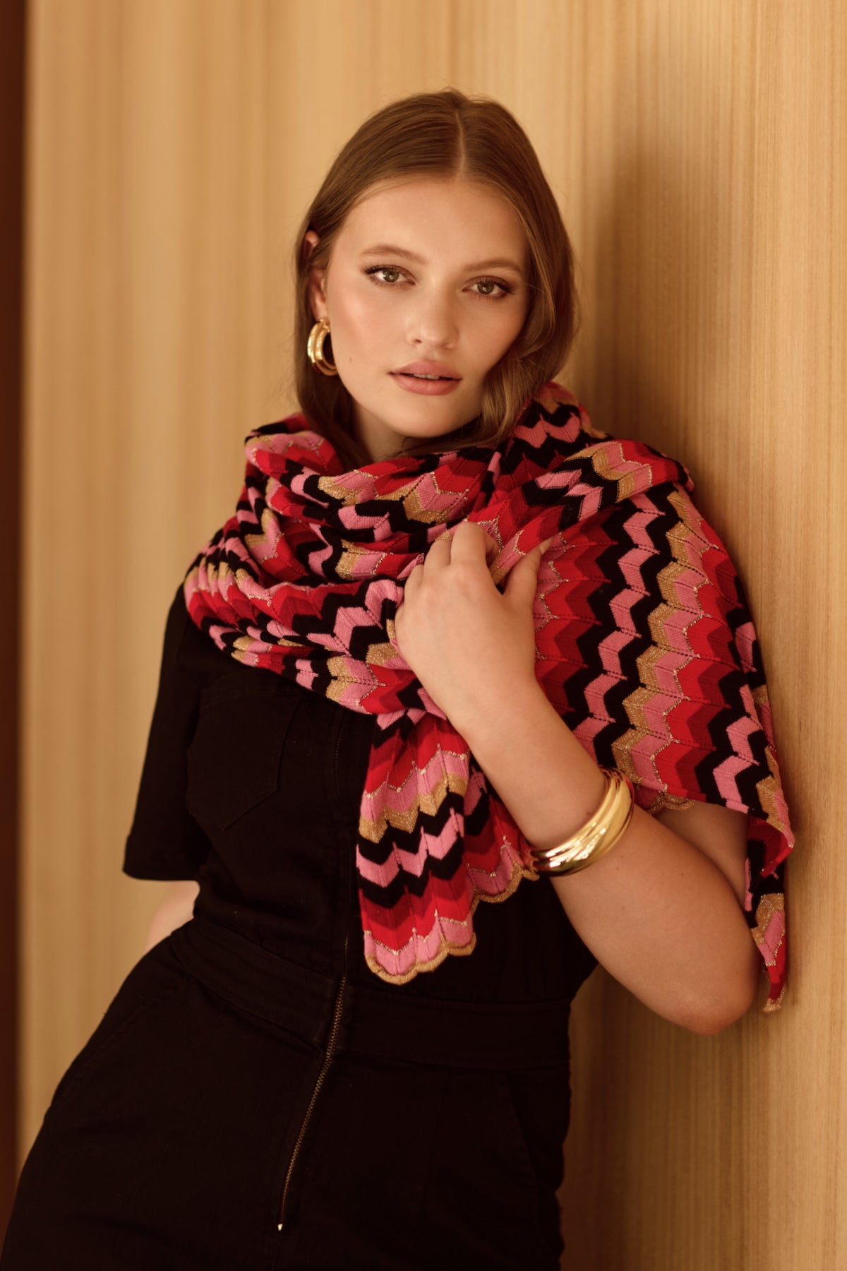 Zig Zag Cotton Cashmere Pointelle Knit Scarf Red Pink Burgundy Gold Lurex