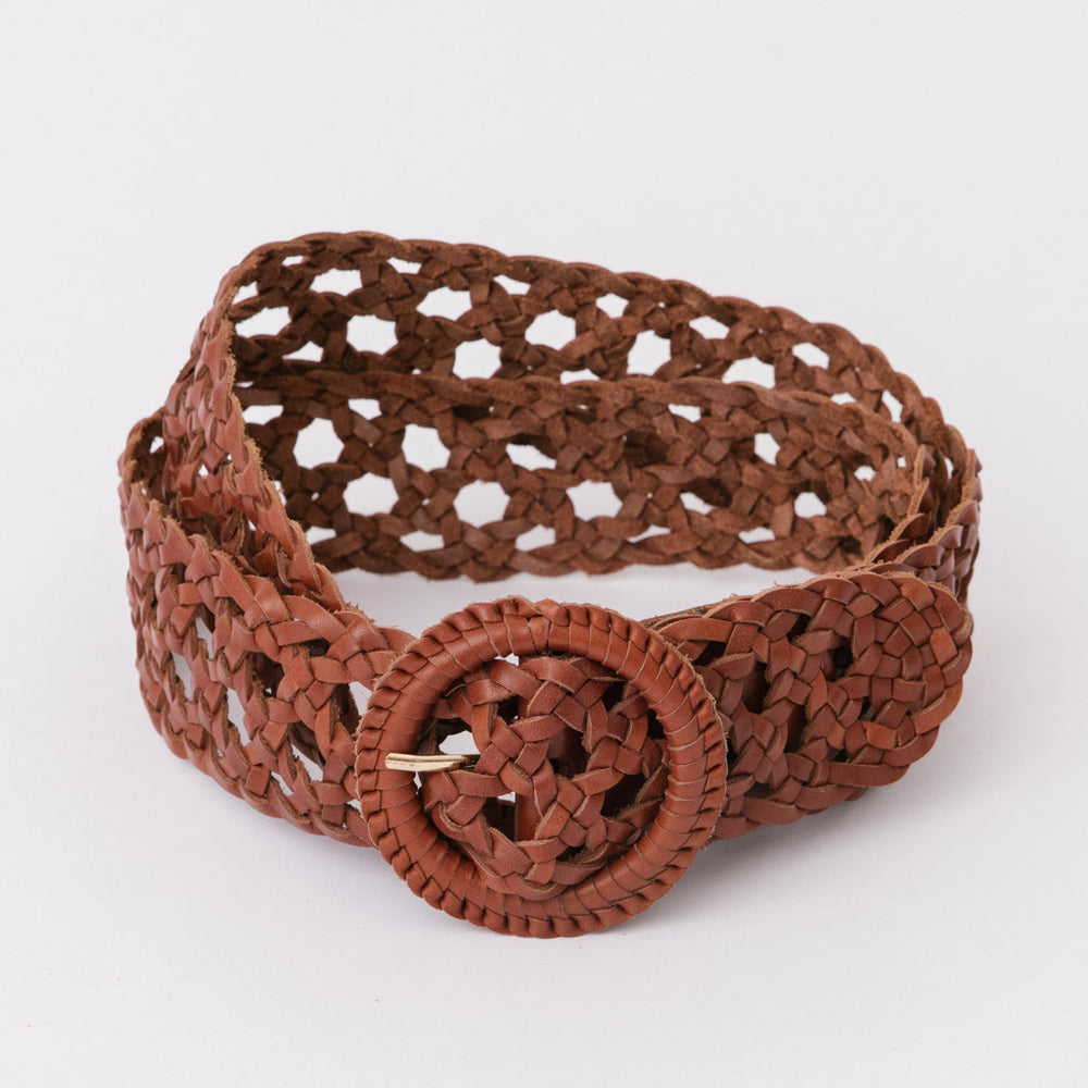 Tan leather vintage style woven belt