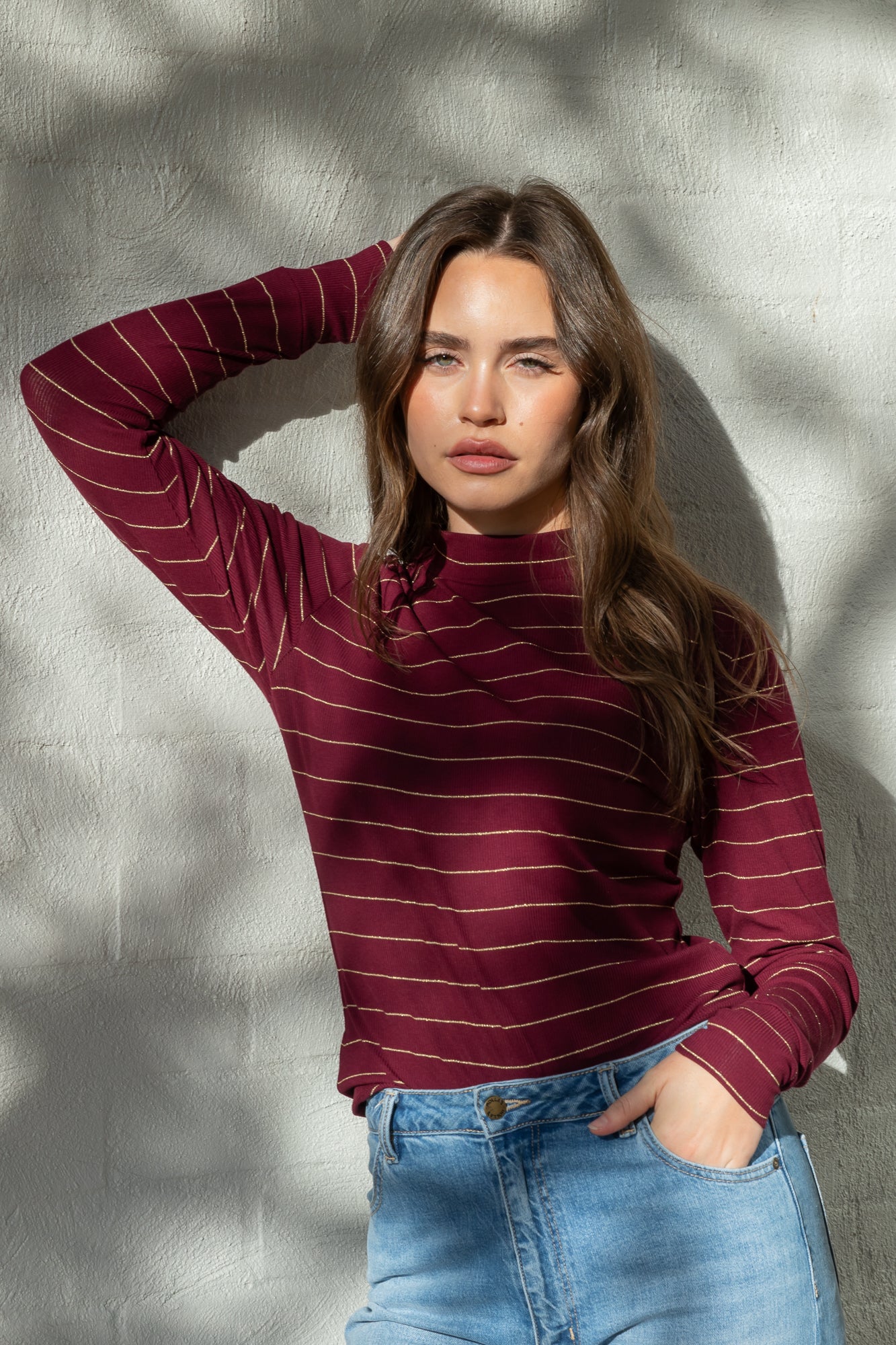 Plum with Gold Lurex Stripe Mock Neck Top Frock Me Out